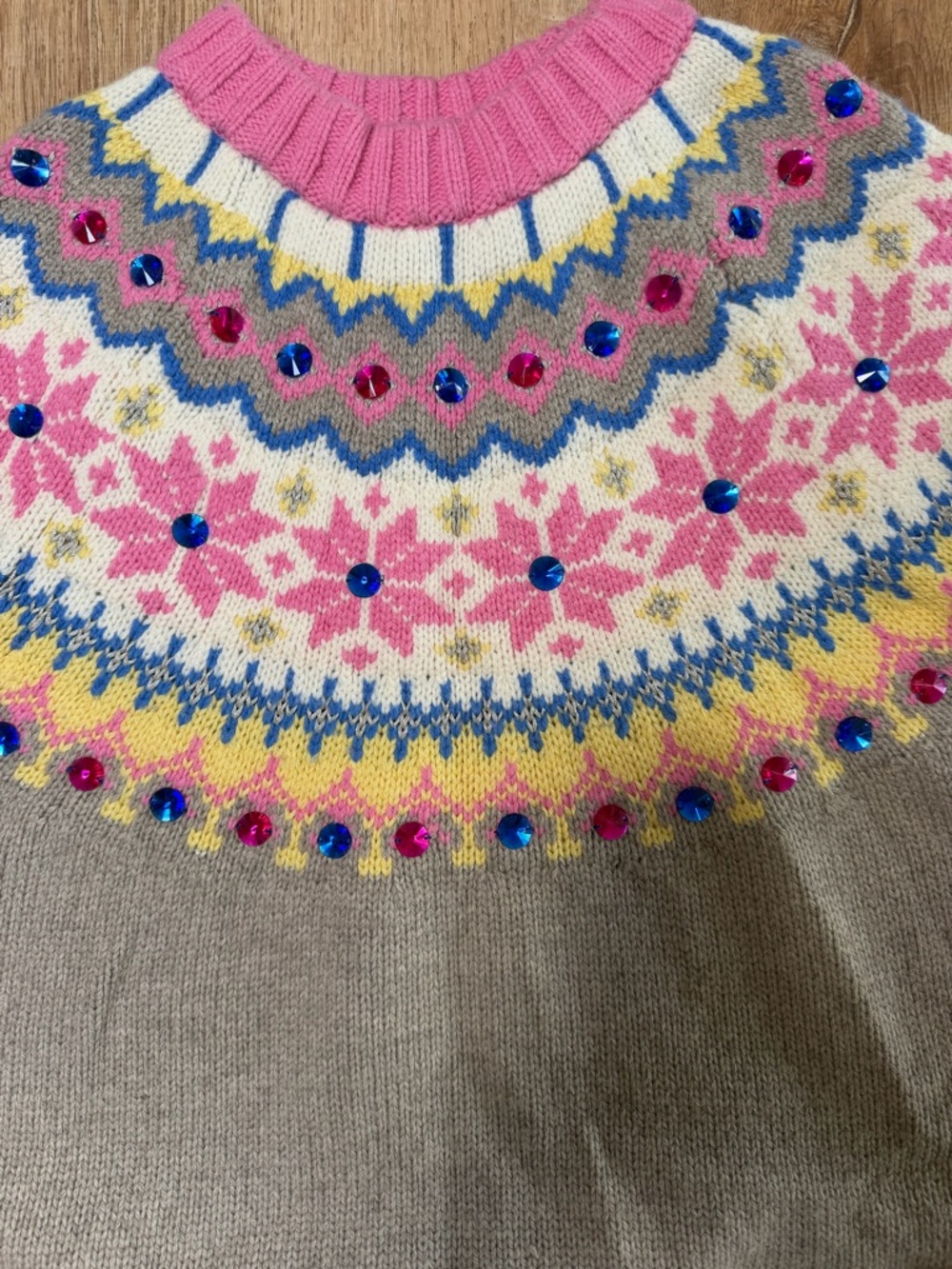 Boden Pink, Blue & Yellow Fair Isle Crewneck Sweater with Sequins